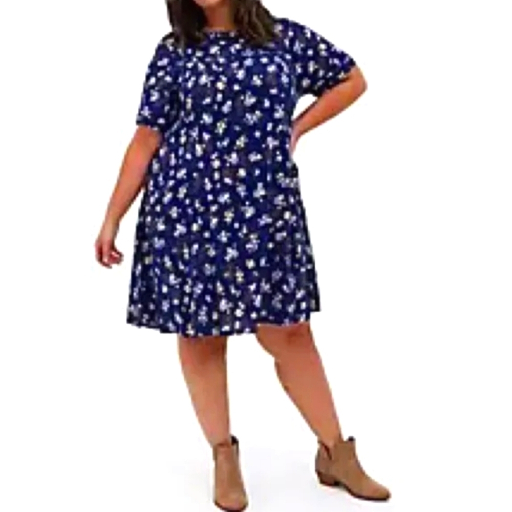 Torrid Navy Floral Challis Mini Dress 2X Trapeze Short Sleeve Beach‎ Coastal
